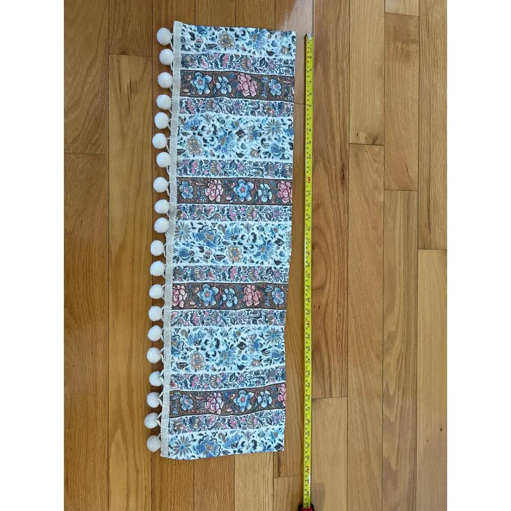 Handmade Pink Blue White Block Print Boho Floral Pom Pom Window Valance 34x11
